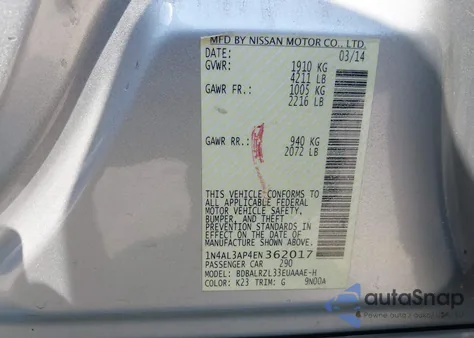 2014 Nissan Altima 2.5 S z USA, uszkodzony, nr VIN 1N4AL3AP4EN362017